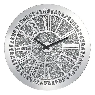 Round Crushed Diamond Wall Clock 16x16Inch, Modern Silver Glass Mirror