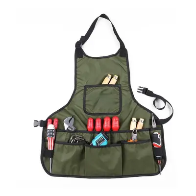 (Green) Waterproof Canvas Gardening Tool Apron Tools Bag with Pockets Adjustable Size