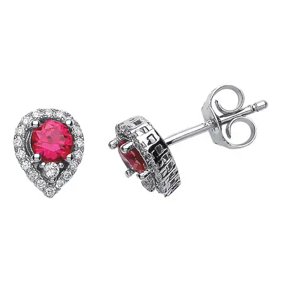 Jewelco London Ladies Sterling Silver Ruby-Red Cubic Zirconia Halo Tears of Joy Drop Earrings - 