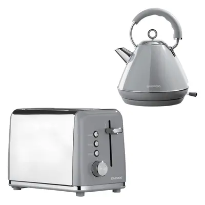 (Grey) Daewoo Kensington Pyramid Matching Slice Toaster & Kettle Set 1.7L 3000W Retro Bundle Com