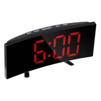 (Red) LED Digital Alarm Clock Large Curved Mirror Screen Brightness Adjustable Electronic Time D