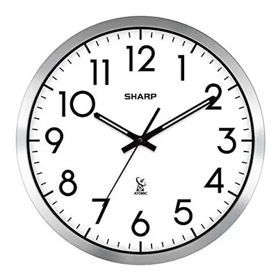 SHARP Atomic Analog Wall Clock - 12" Silver Brushed Finish Sets Automatically- Battery Operated 