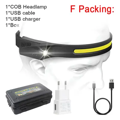 (Package F, AU) COB LED Headlamp Sensor Headlight with Built-in Battery Flashlight USB Rechargea