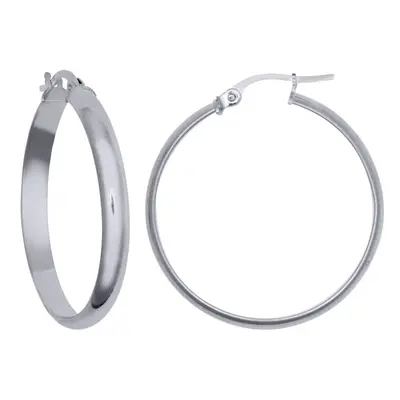 Jewelco London Rhodium Silver D-Shape Wedding Band Style 4mm Hoop Earrings 25mm - AER135C