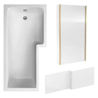 L Shape Bathtub, Front Panel and Fixed Screen - Brushed Brass