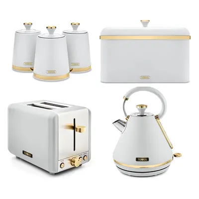 Tower Cavaletto Kettle Toaster Bread Bin & Canisters Set White & Gold