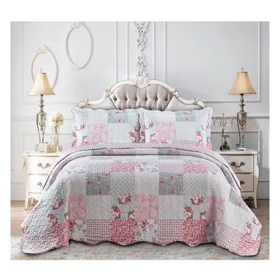 (Floral Grey, Double) Piece Patchwork Bedspread Quilted Throw Double & King Size Printed Bedding