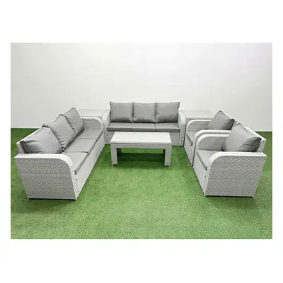 Fimous PE Rattan High Back Lounge Sofa Set Patio Oblong Coffee Table & Chairs Set with Side Tabl