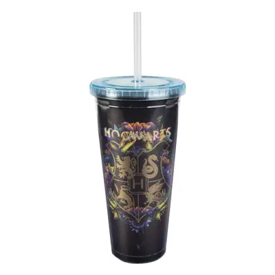 Harry Potter Hogwarts Travel cup with Straw, oz - Acrylic Tumbler with gold Hogwarts crest Desig