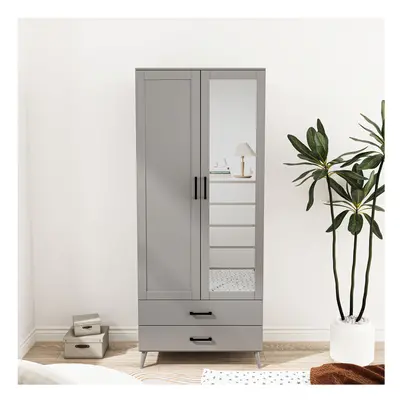 (Grey) 180cm Mirror Wardrobe Door Drawer Bedroom Clothes Storage Hanging Rail