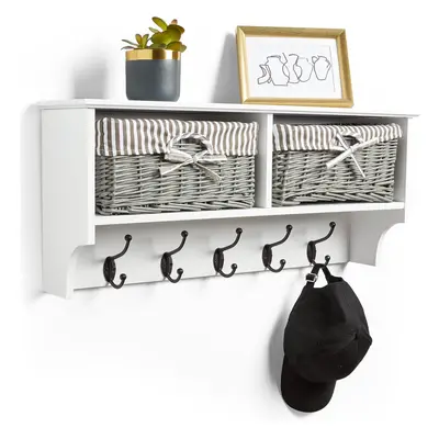 (White) Wall-mounted coat hooks - white coat rack with grey wicker storage baskets and sturdy do