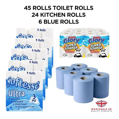 45 Toilet Rolls + Kitchen Rolls + Blue Rolls