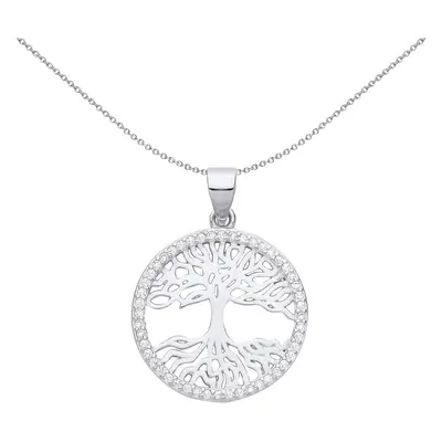 Jewelco London Ladies Rhodium Plated Sterling Silver CZ Halo Circle Tree of Life Pendant Necklac