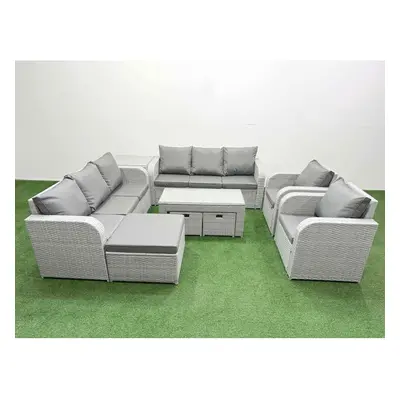 Fimous PE Rattan High Back Lounge Sofa Set Patio Oblong Coffee Table & Chairs Set with Stools Si