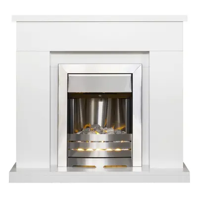 Adam Lomond Fireplace Suite in Pure White with Helios Electric Fire in Brushed Steel, Inch