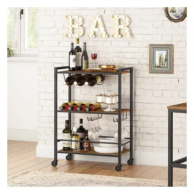 3 Tier Rolling Industrial Design Rustic Wooden Bar Kitchen Cart Serving Food Trolley Wheels