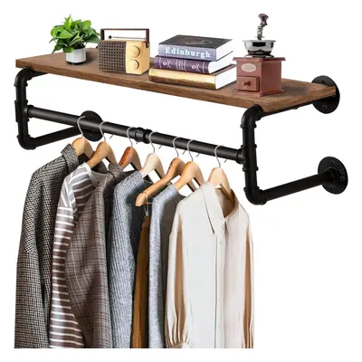 (70x25x26cm, Black+dark Brown) Industrial Pipe Clothes Rack with Top Shelf, Wall Mounted Garment