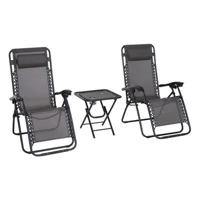 Outsunny 3PC Zero Gravity Chairs Sun Lounger Table Set W/ Cup Holders Dark Grey