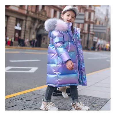 (Purple, 8-9yrs) Keep Warm Winter Jacket Girls Coat Fashion Waterproof Shiny Hooded Children Out