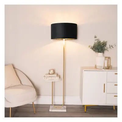 ValueLights Tavel Black Velvet & Gold Shade Gold Floor Lamp and Table