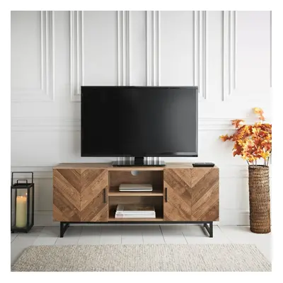 Rustic Oak Herringbone Large Door TV Cabinet Plasma Bench Stand Unit