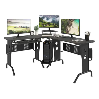 HOMCOM Space-Saving Corner Work Office Desk Gaming w/ Steel Frame CPU Rack Black