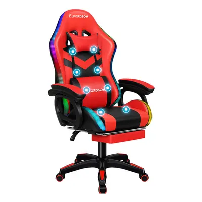 (Red) ELFORDSON Gaming Office Chair RGB LED Massage Footrest