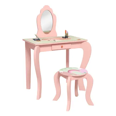 ZONEKIZ Kids Dressing Table with Mirror Stool Drawer, Cute Animal Design, Pink