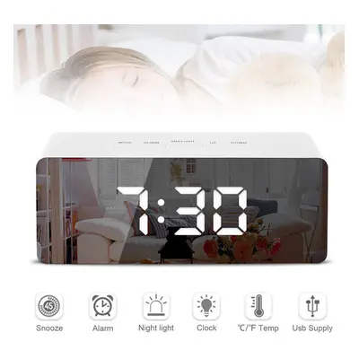 (White) Creative Mirror Alarm Clock LED Digital Display Multifunctional Battery Plug-in Dual-use