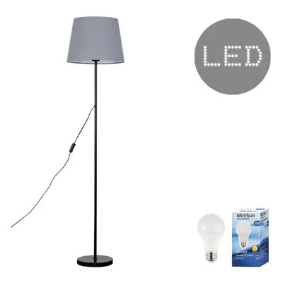 Modern Standard Floor Lamp in a Black Metal Finish with a Large Grey Tapered Light Shade - Compl