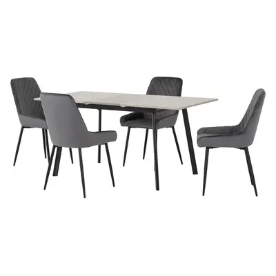 Avery Extending Dining Table + Chairs Set - Concrete & Grey Velvet