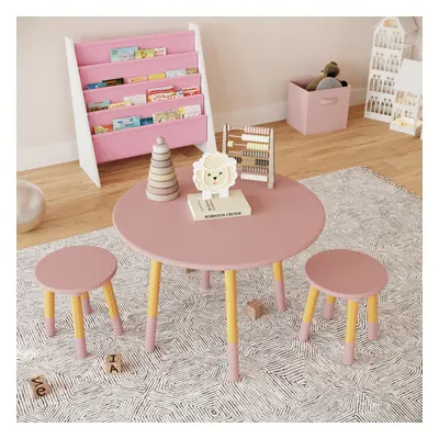 (Table with Stools, Pink) Kids Wooden Round Table & Chair Set Toddlers Small Children Home Nurse