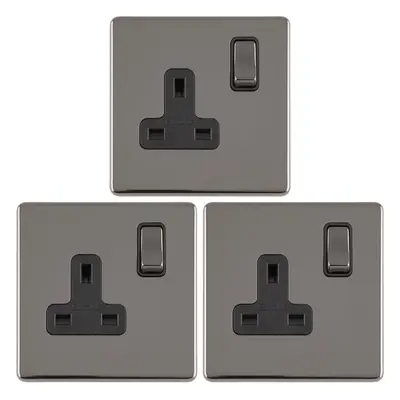 3 PACK Gang DP 13A Switched UK Plug Socket SCREWLESS BLACK NICKEL Wall Power