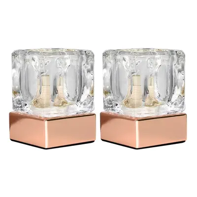 Pair of - Modern Glass Ice Cube Bedside Touch Table Lamps with a Copper Base - Complete with 3w 