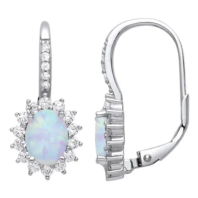 Jewelco London Ladies Sterling Silver Oval Opal & Cubic Zirconia Classic Cluster Drop Earrings -