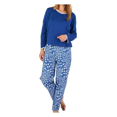 (Navy, UK 20/22) Slenderella Ladies Cotton Long Sleeve Top & Flower PJ Bottoms Pyjamas