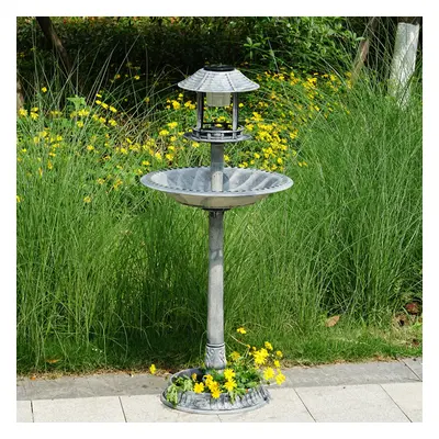 Grey Pedestal Bird Bath Feeder Planter With Solar Light Garden Table