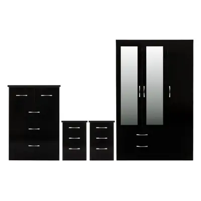 Nevada Door Mirrored Drawer Piece Bedroom Set in Black Gloss Robe Chest