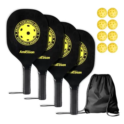 Amicoson Pickleball Paddles - Set of Paddles, Indoor & Outdoor Balls, Paddle Wood Racket Ergonom