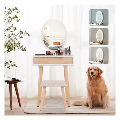 Dressing Table Vanity Set Make up Desk Oval LED Light with Stool White