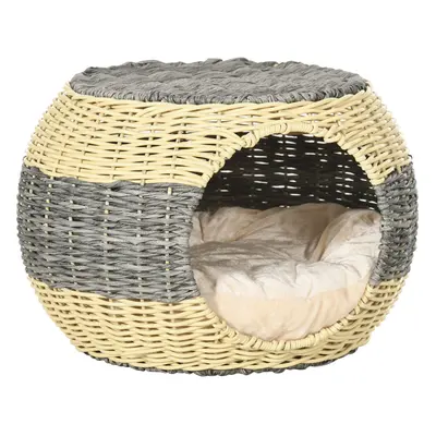 PawHut Wicker Cat House, Rattan Raised Cat Bed w/ Soft Cushion, Î¦40 x 30cm