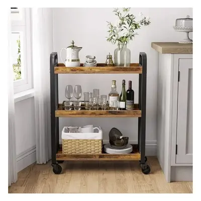 Wooden/Metal Industrial Look Rustic Narrow Rolling Kitchen Serving Cart Shelf Organiser Trolley 