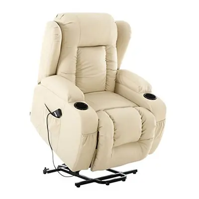 (Cream) Caesar Electric Rise Recliner Winged Leather Armchair Massage Heated Lounge Chair