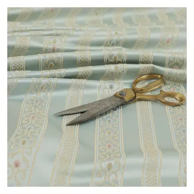 New Quality Regency Striped Pattern Ivory Teal Upholstery Furniture Fabric - Sold By The Metre L