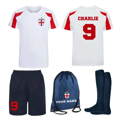 (12-13 Years) Personalised Kids England Badge Style Away Football Kit Shirt Shorts Socks & Bag