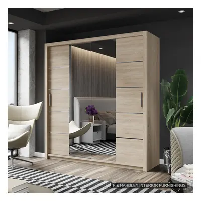 (203CM, OAK) FH DALLAS Modern Sliding Door Wardrobe with Mirror