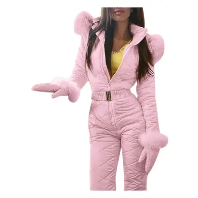 (Pink, S) Women Winter Warm Snowsuit Outdoor Sports Pants Ski Suit Waterproof Jumpsuit