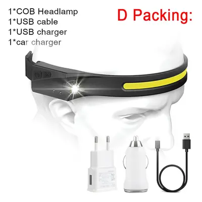 (Package D, US) COB LED Headlamp Sensor Headlight with Built-in Battery Flashlight USB Rechargea