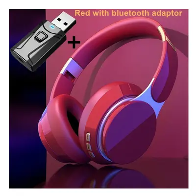 (a-07 red with adaptor) Wireless TV Headphones Bluetooth 5.0 USB Adaptor Stereo Headset Foldable