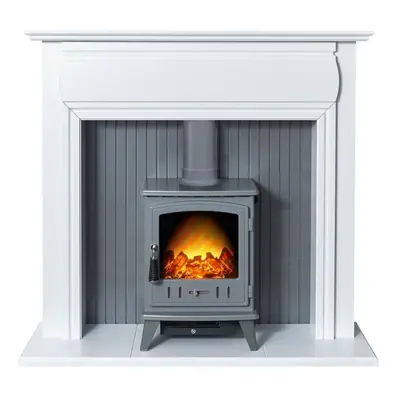 Adam Florence Stove Suite in Pure White with Aviemore Electric Stove in Grey Enamel, Inch